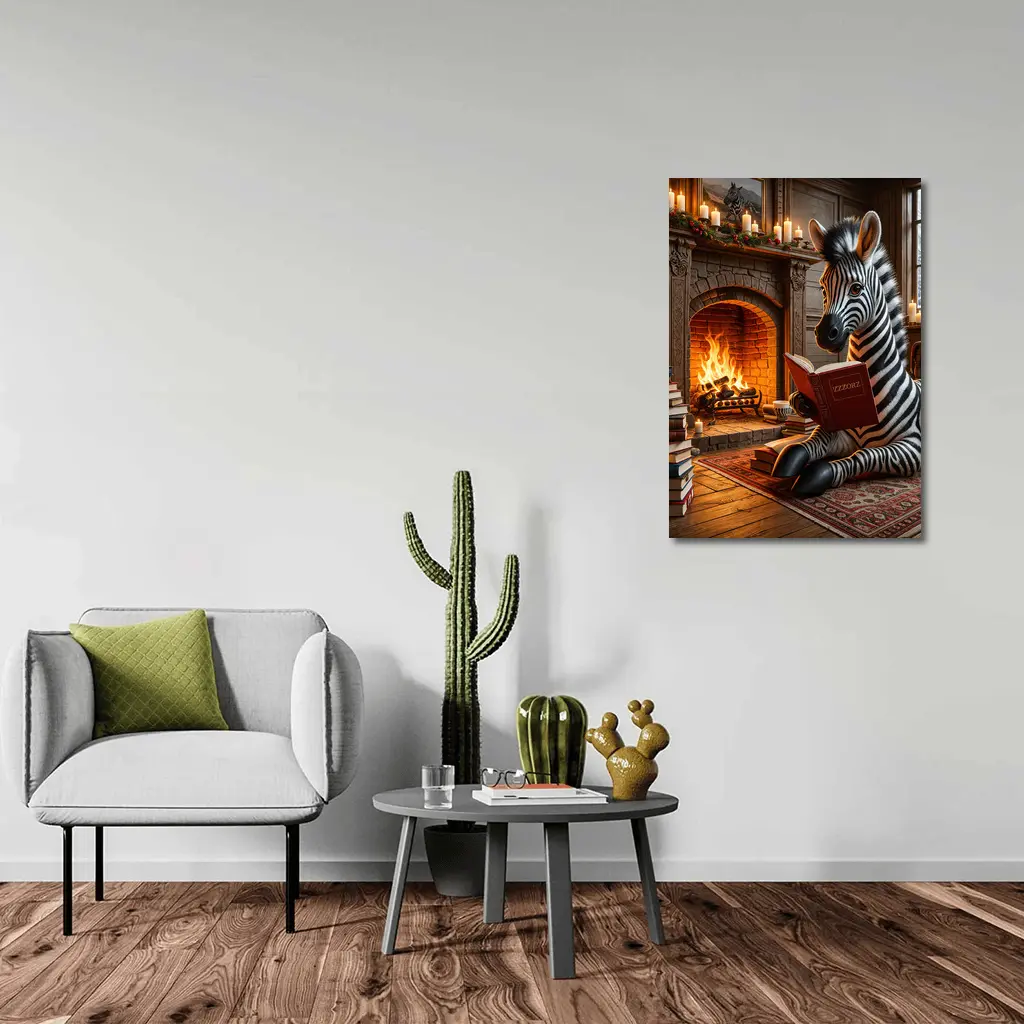 Zebra Reading Book By Cozy Fireplace – Wall Art