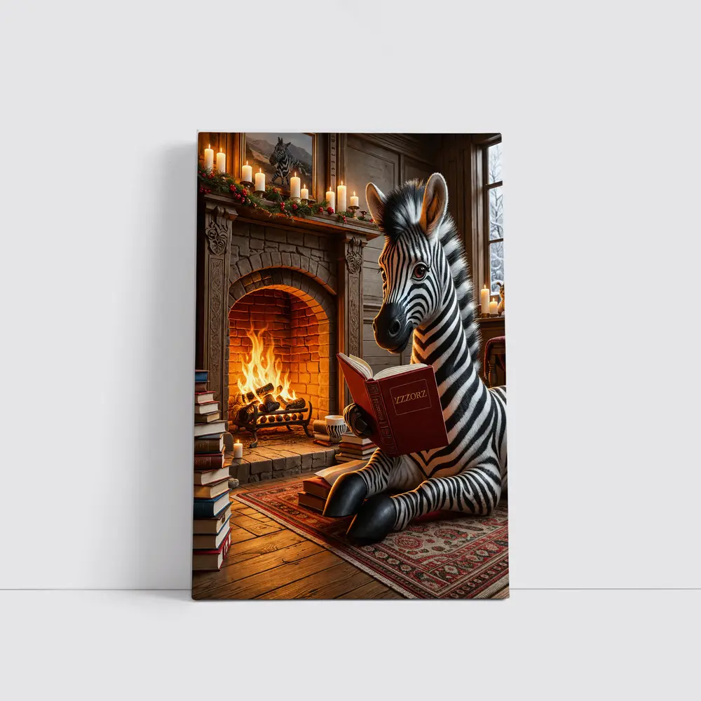 Zebra Reading Book By Cozy Fireplace – Wall Art