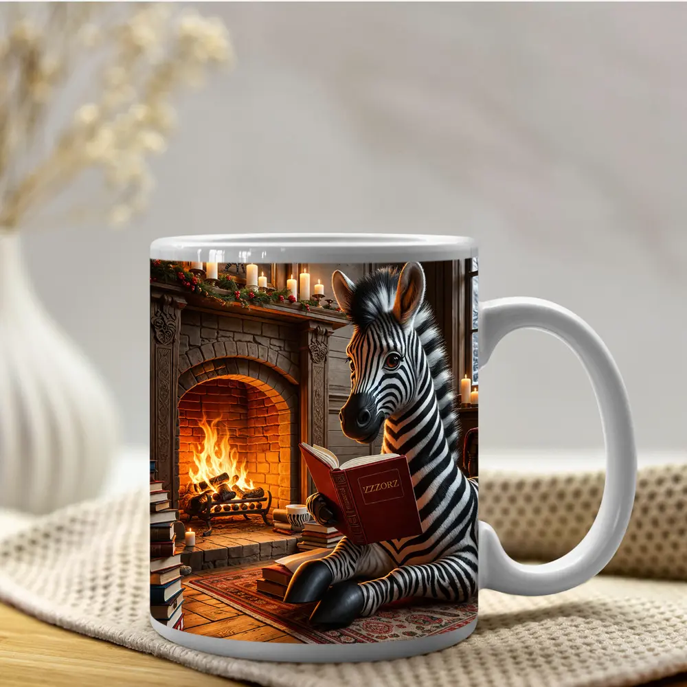 Zebra Reading Book By Cozy Fireplace – Mugs