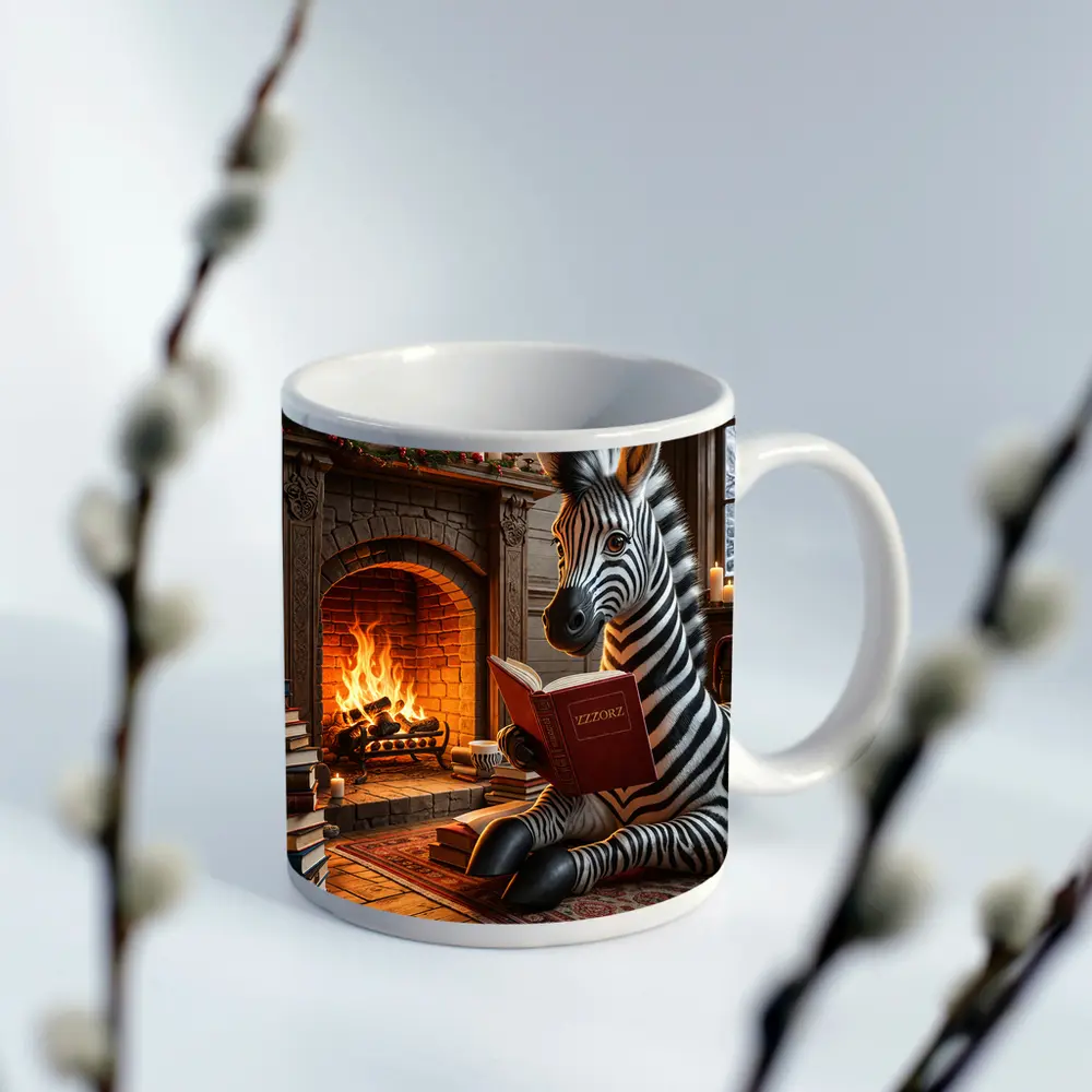 Zebra Reading Book By Cozy Fireplace – Mugs