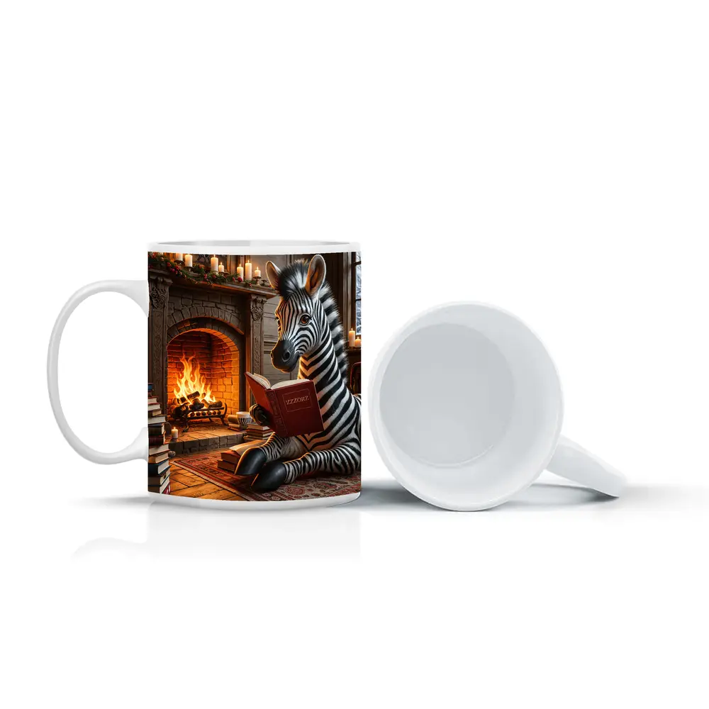 Zebra Reading Book By Cozy Fireplace – Mugs