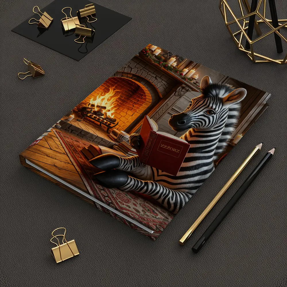 Zebra Reading Book By Cozy Fireplace – Notebooks
