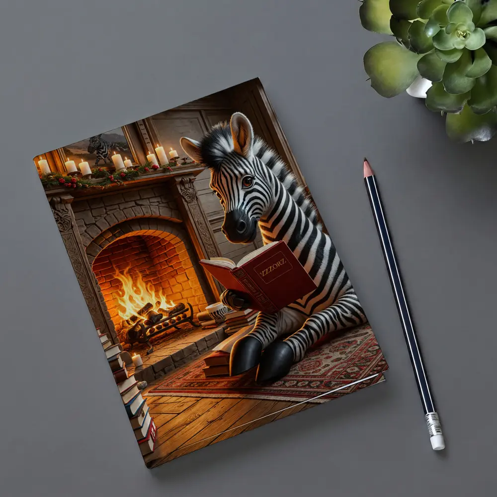 Zebra Reading Book By Cozy Fireplace – Notebooks