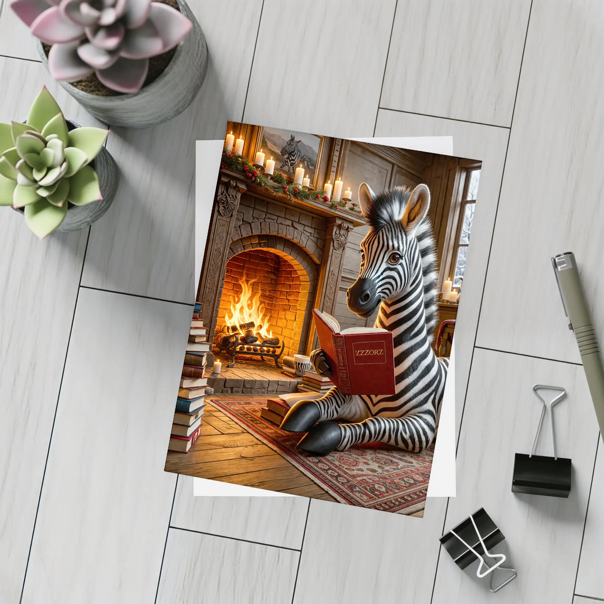 Zebra Reading Book By Cozy Fireplace – Postcards