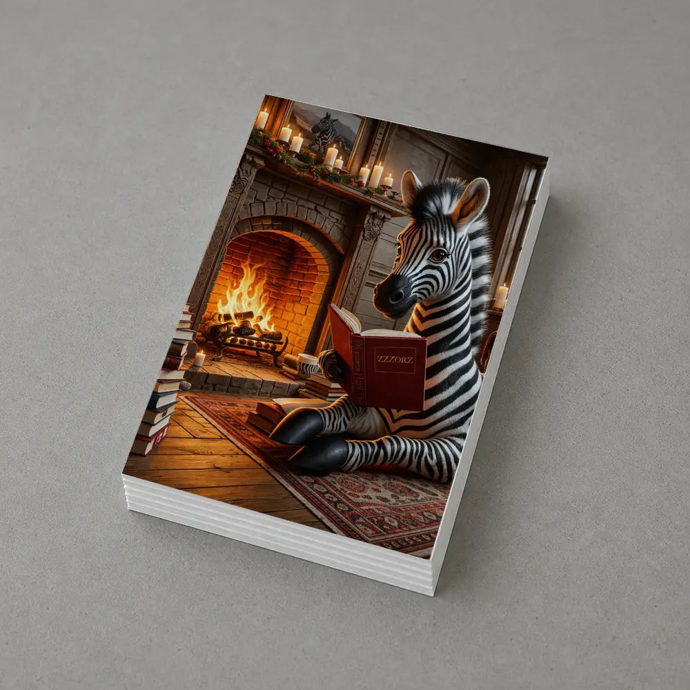 Zebra Reading Book By Cozy Fireplace – Postcards