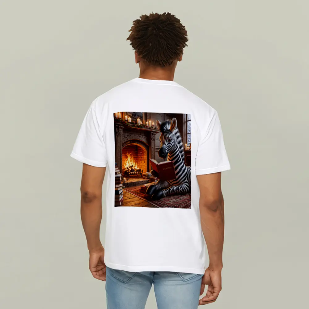 Zebra Reading Book By Cozy Fireplace – T-Shirts