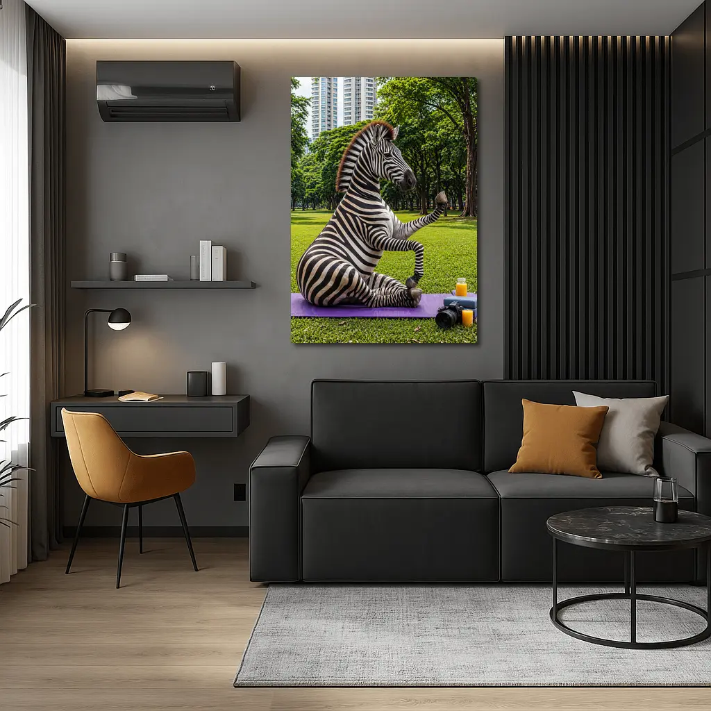 Zebra Doing Yoga in City Park – Wall Art