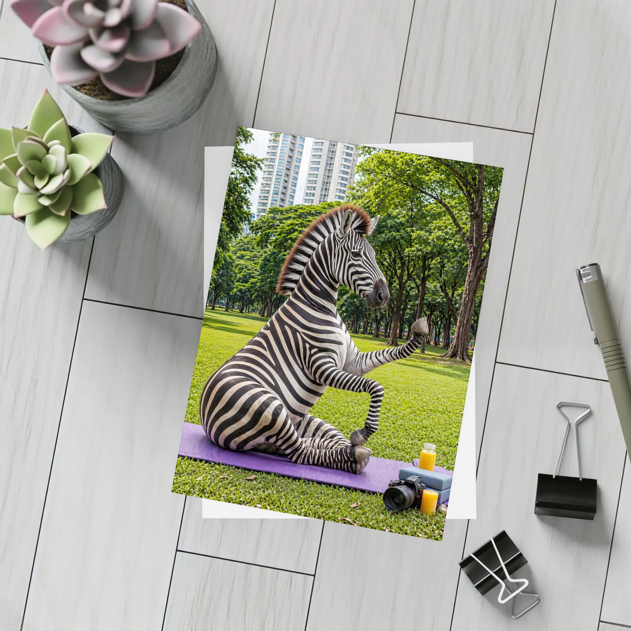 Zebra Doing Yoga in City Park – Postcards