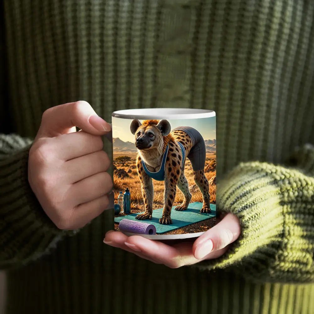 Hyena Doing Yoga on Safari Savanna – Mugs