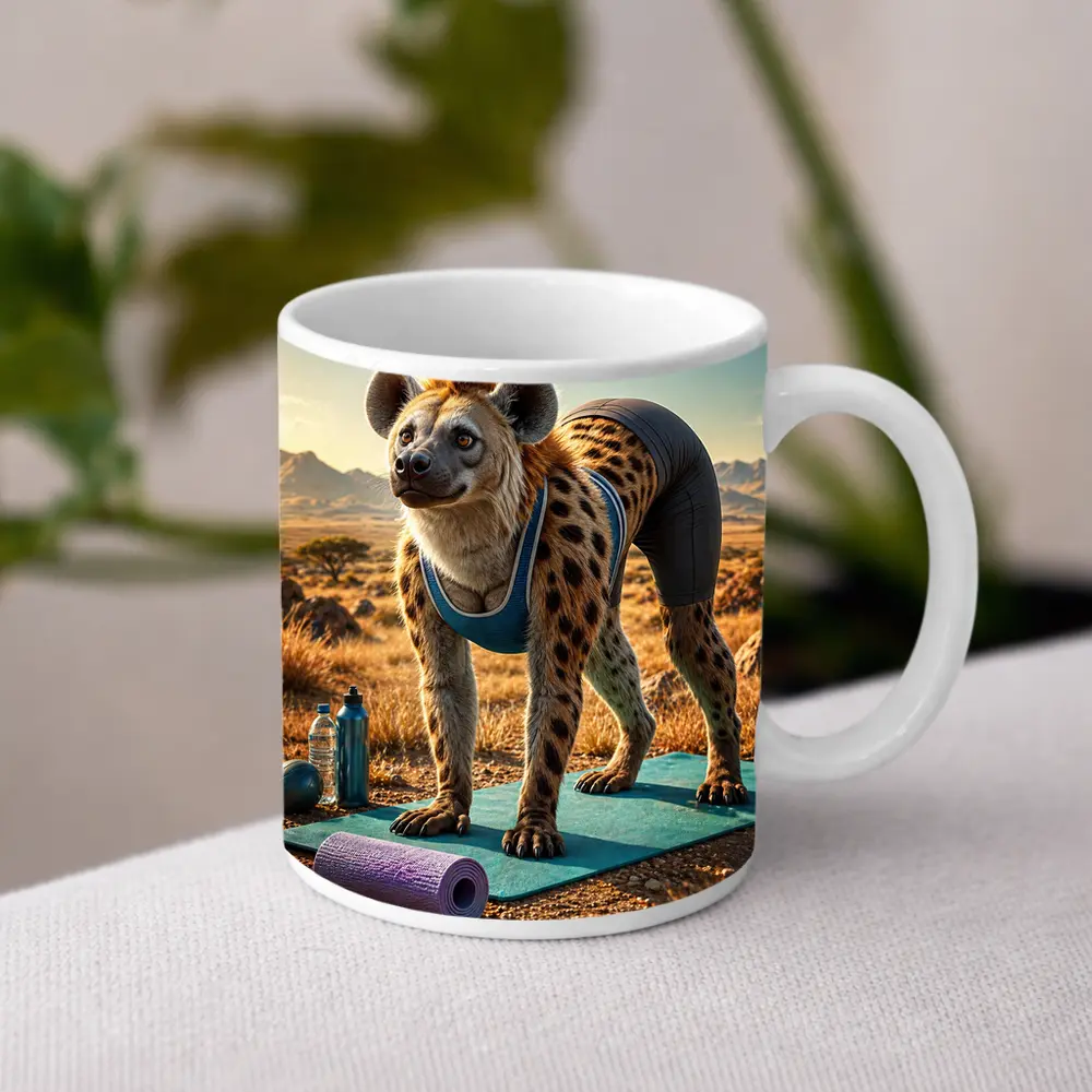 Hyena Doing Yoga on Safari Savanna – Mugs