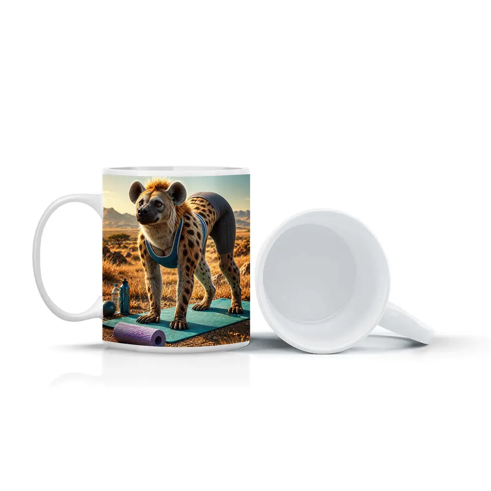 Hyena Doing Yoga on Safari Savanna – Mugs