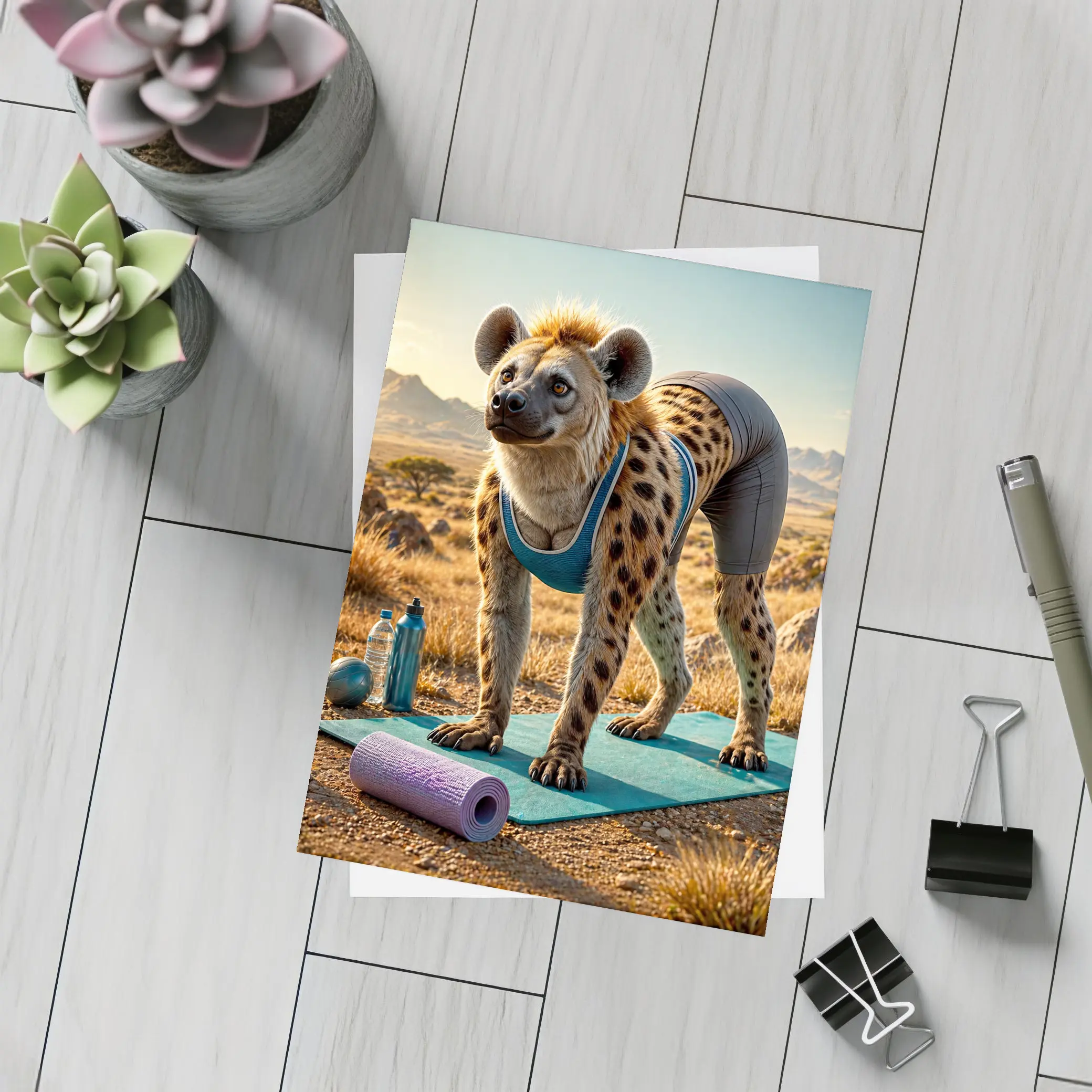 Hyena Doing Yoga on Safari Savanna – Postcards