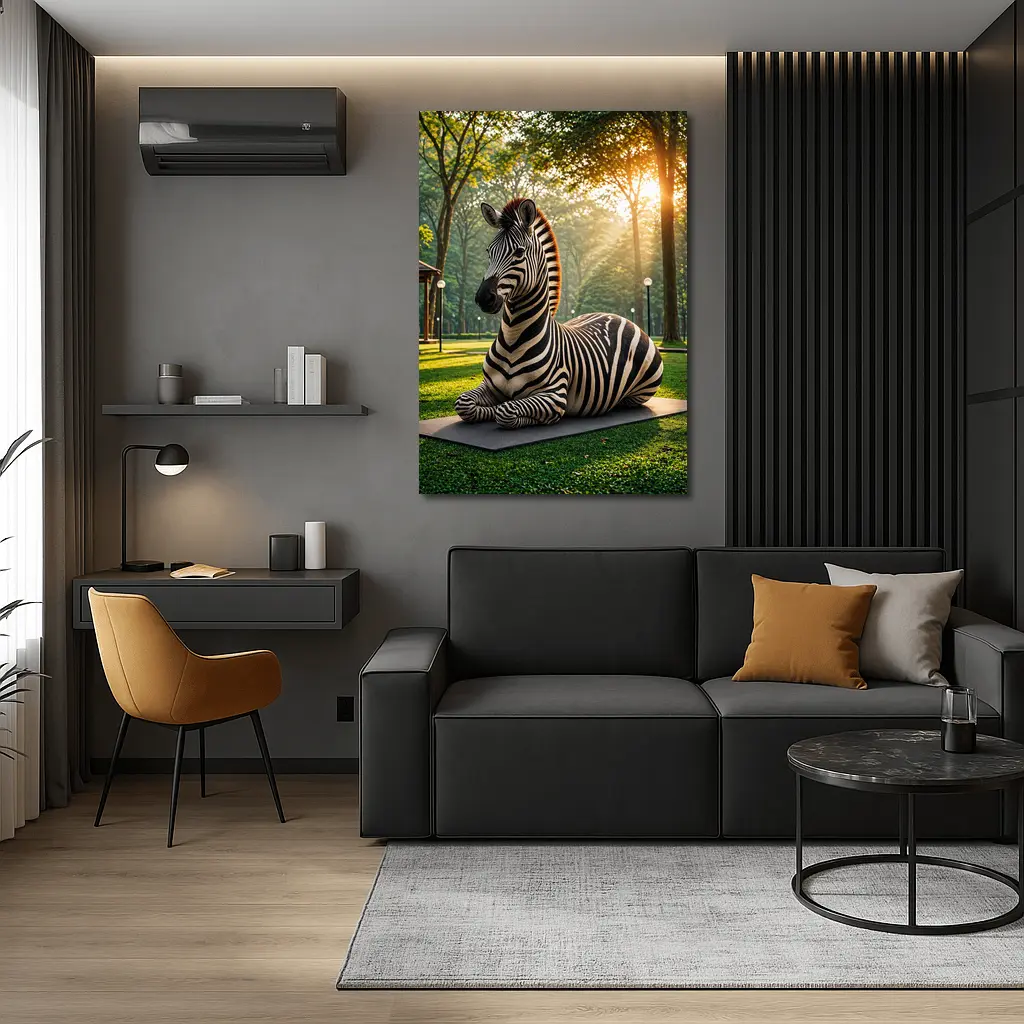 Zebra Resting on Mat in Sunny Park – Wall Art