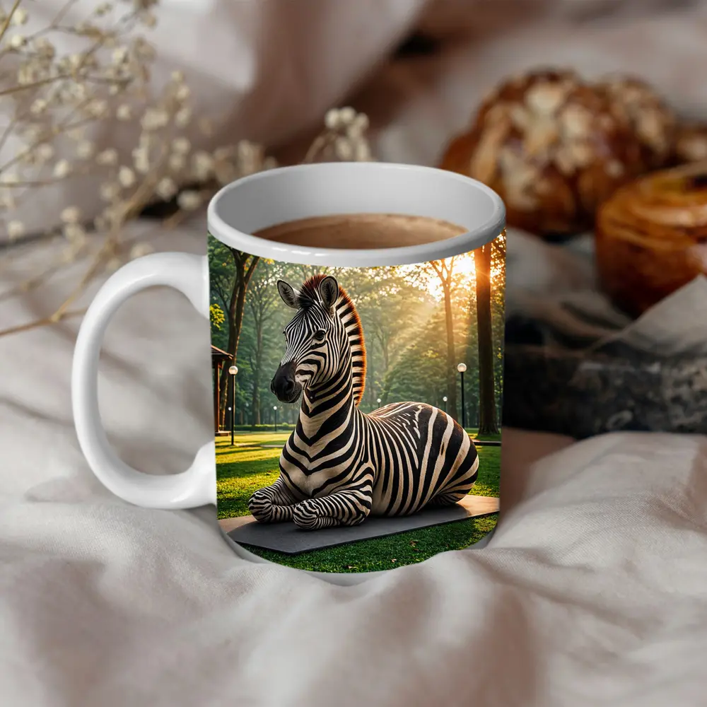 Zebra Resting on Mat in Sunny Park – Mugs