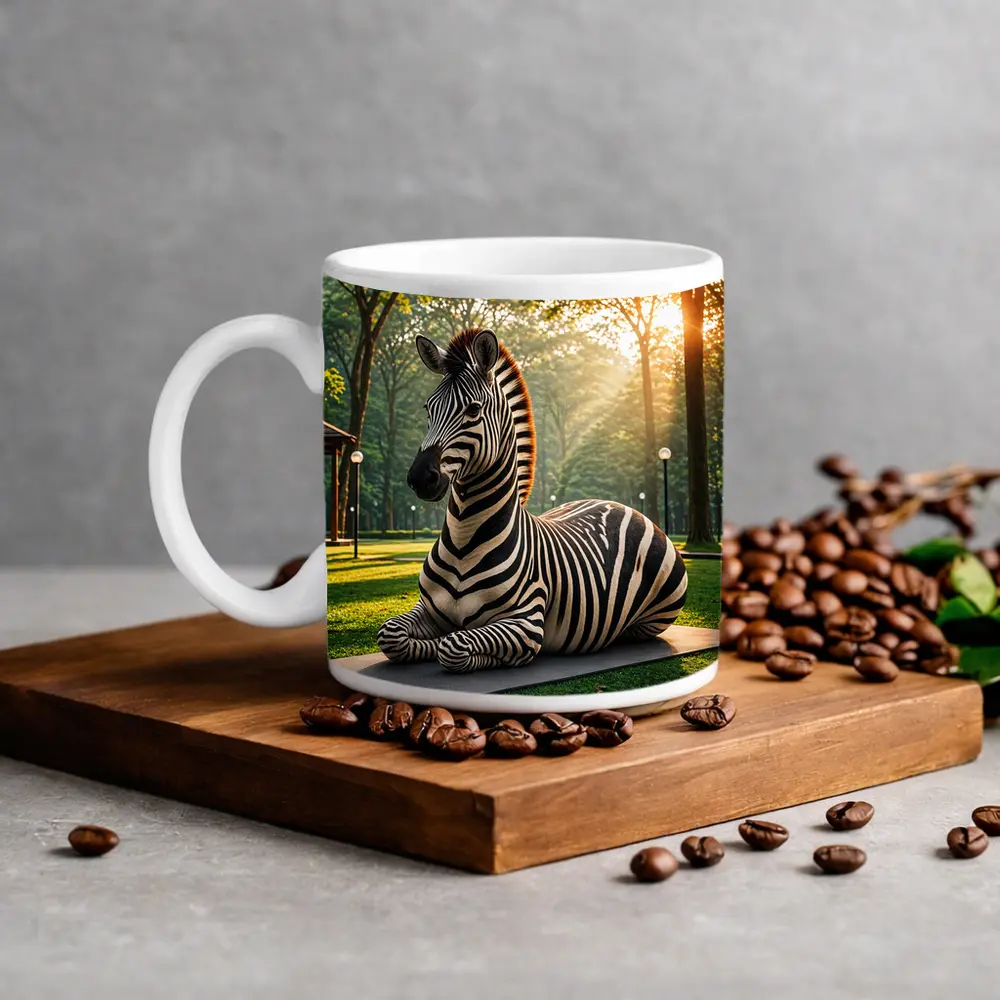 Zebra Resting on Mat in Sunny Park – Mugs