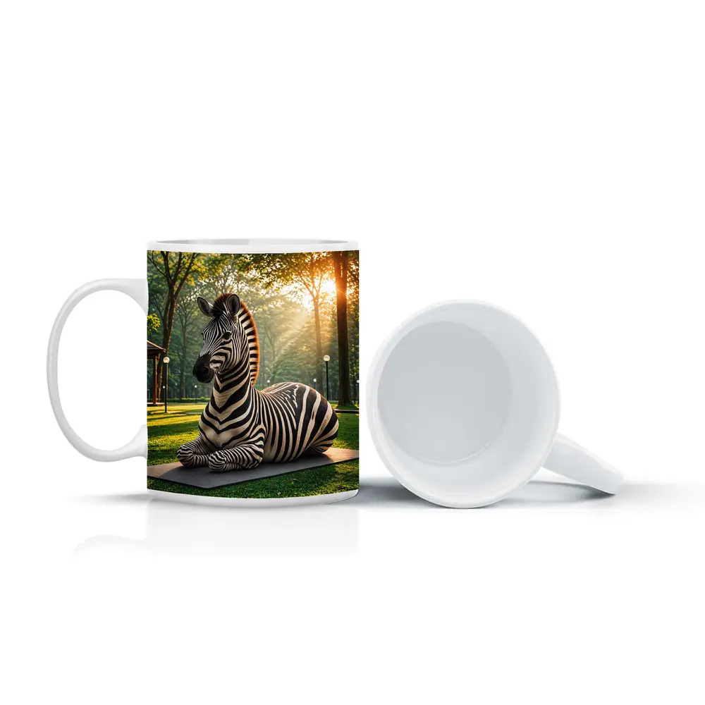 Zebra Resting on Mat in Sunny Park – Mugs