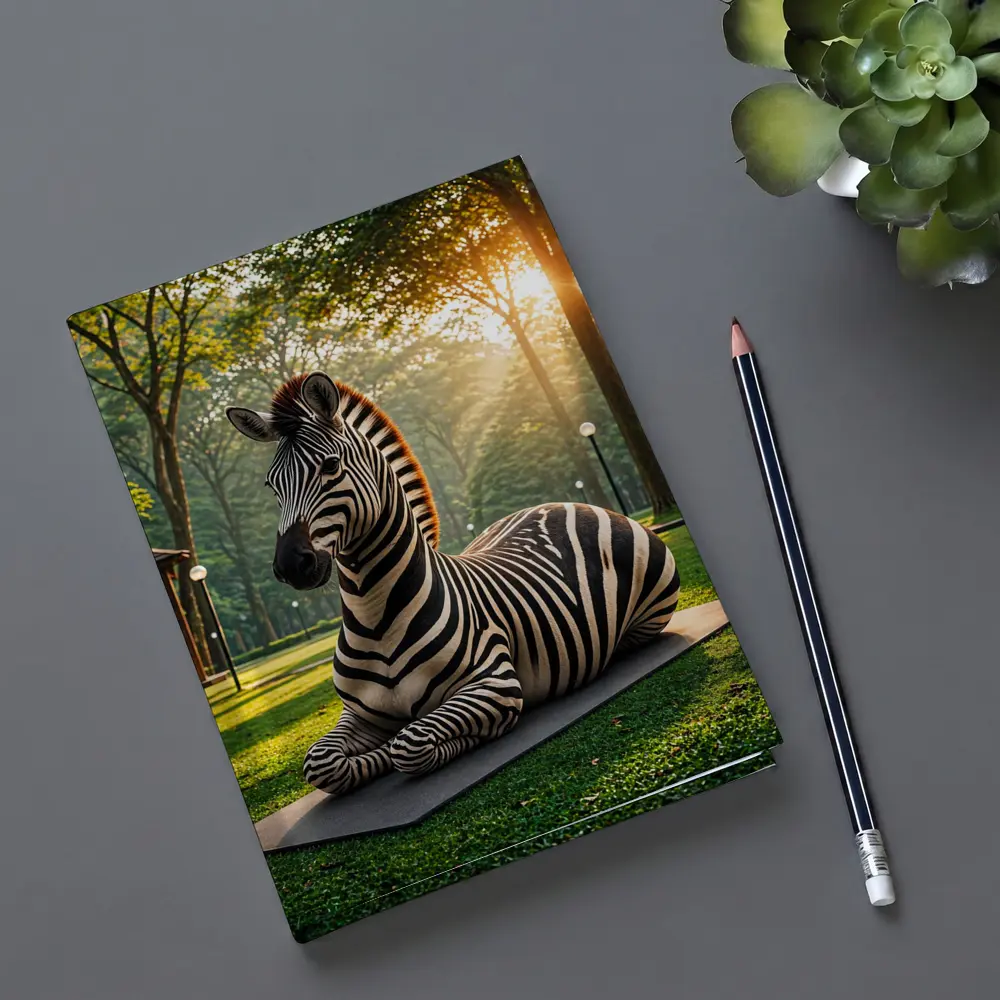 Zebra Resting on Mat in Sunny Park – Notebooks