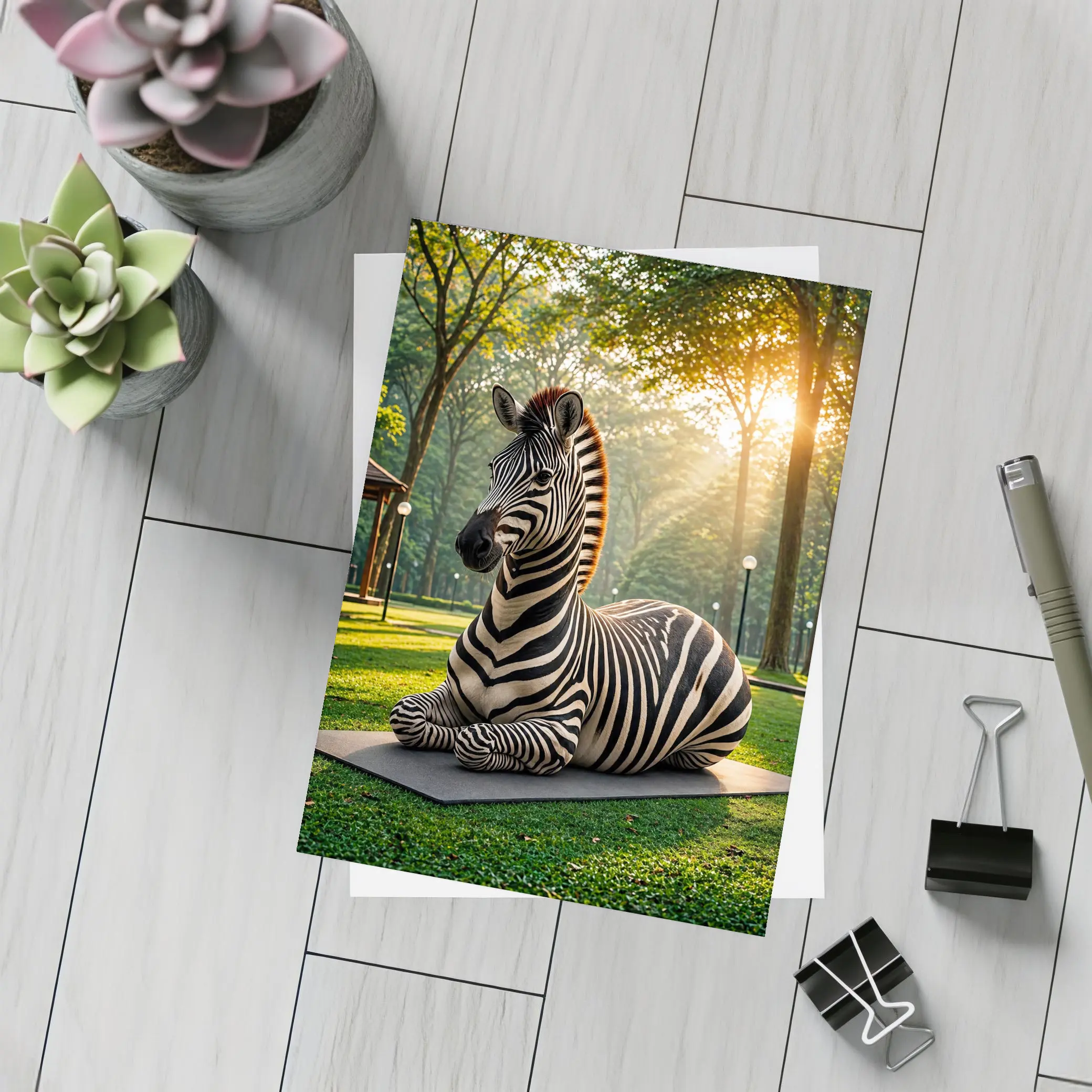 Zebra Resting on Mat in Sunny Park – Postcards