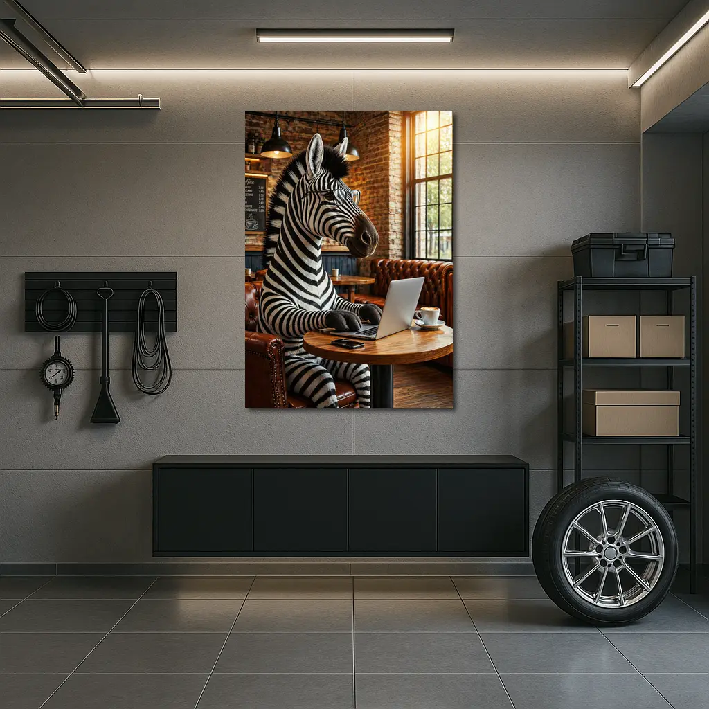 Zebra Working On Laptop In Coffee Shop – Wall Art