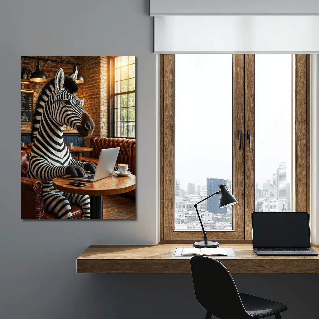 Zebra Working On Laptop In Coffee Shop – Wall Art