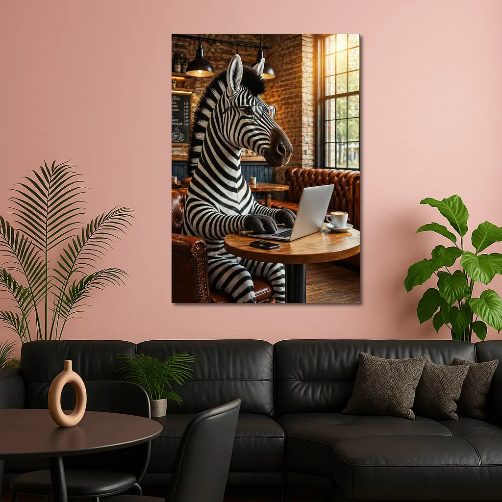 Zebra Working On Laptop In Coffee Shop – Wall Art