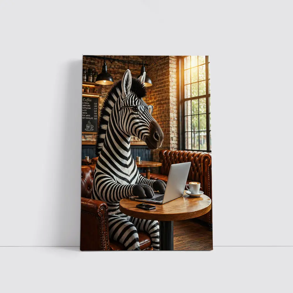 Zebra Working On Laptop In Coffee Shop – Wall Art