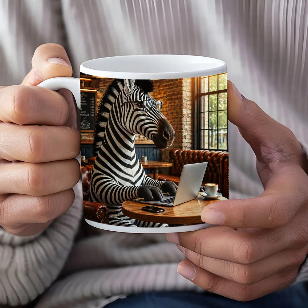 Zebra Working On Laptop In Coffee Shop – Mugs