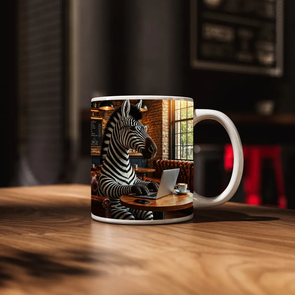 Zebra Working On Laptop In Coffee Shop – Mugs