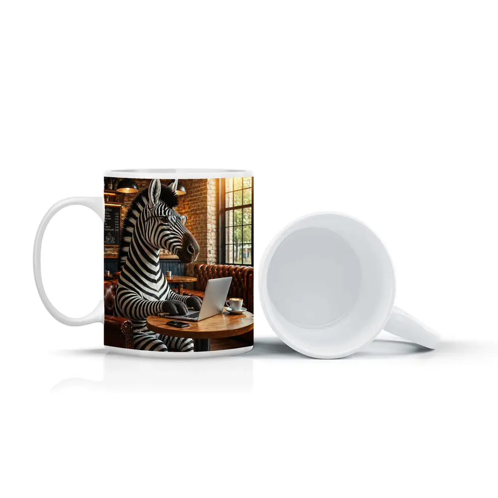 Zebra Working On Laptop In Coffee Shop – Mugs