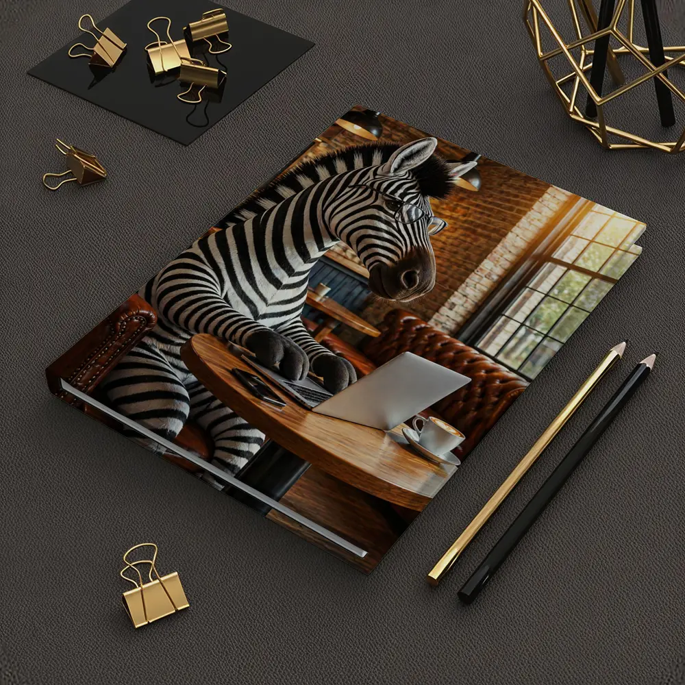 Zebra Working On Laptop In Coffee Shop – Notebooks