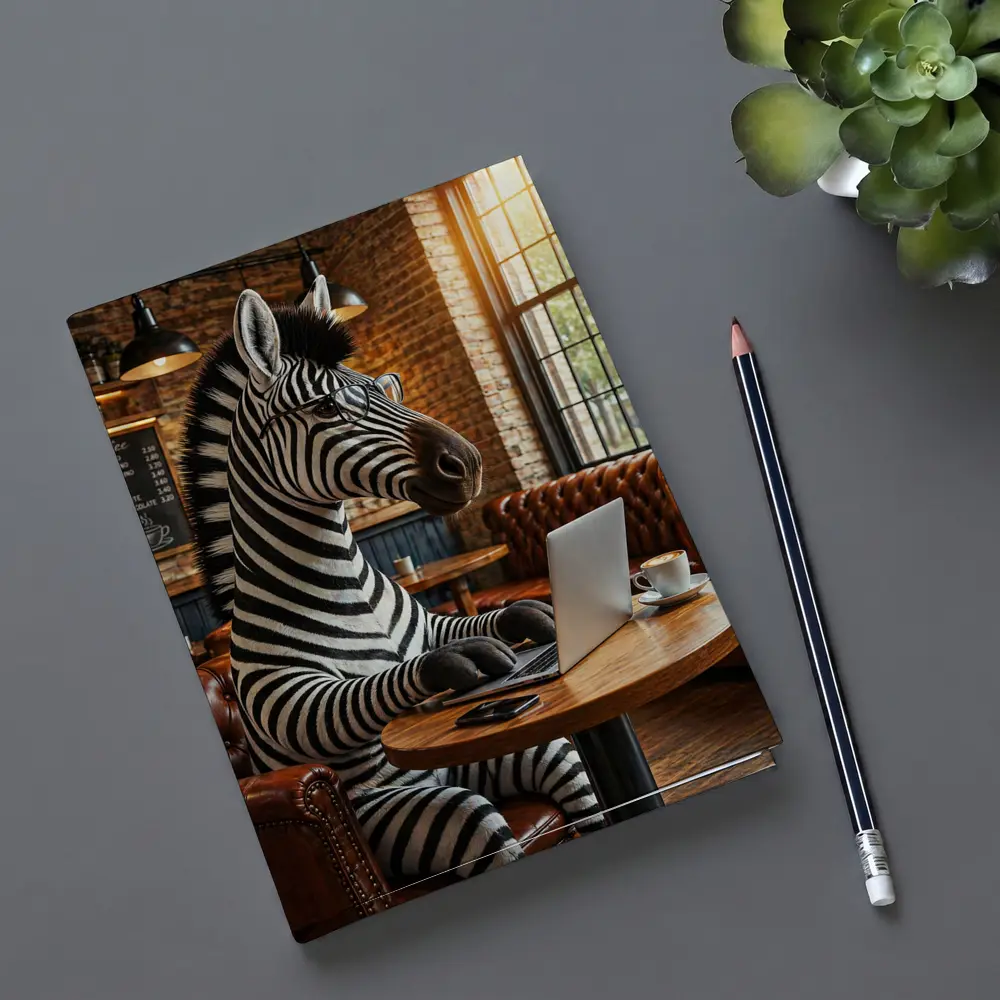 Zebra Working On Laptop In Coffee Shop – Notebooks