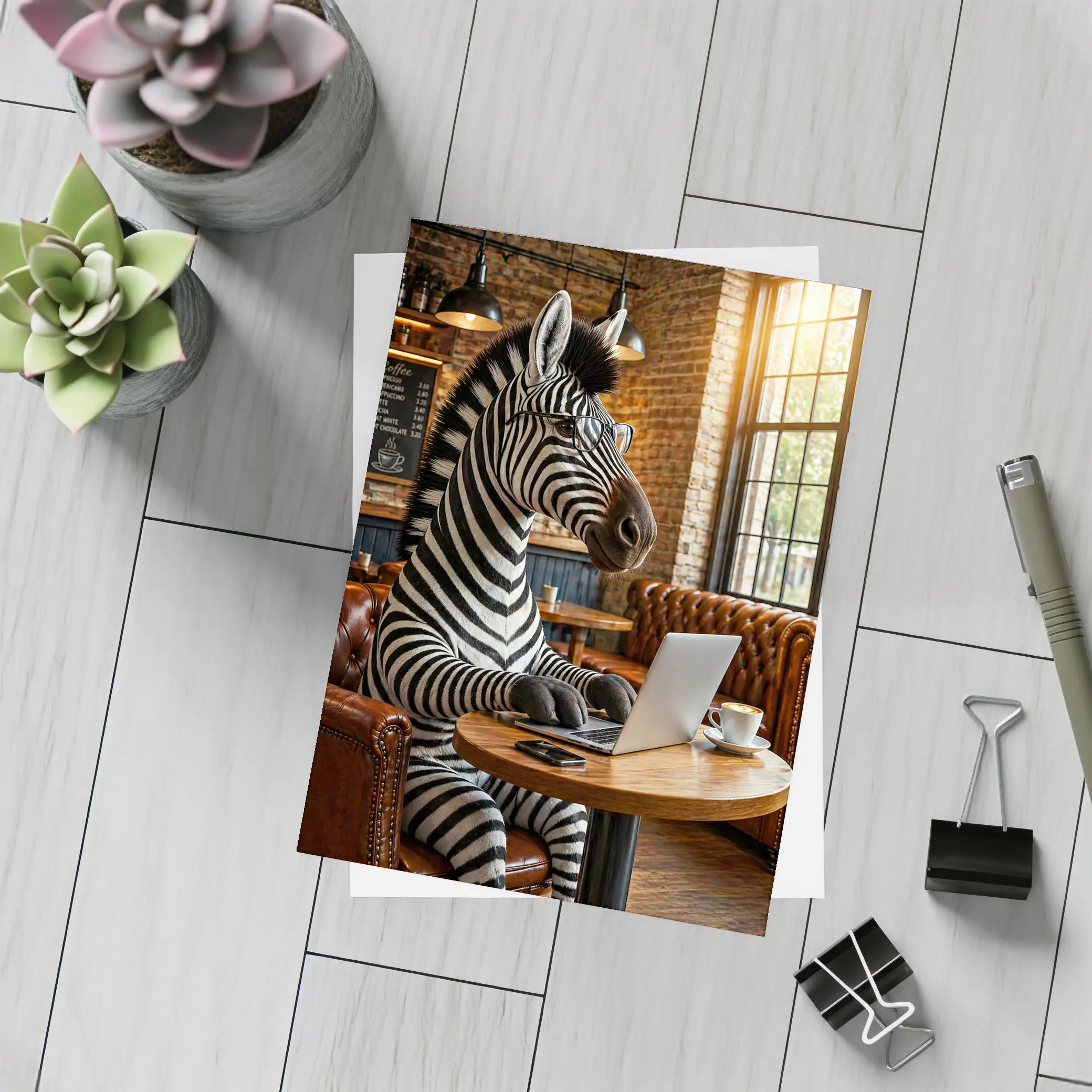 Zebra Working On Laptop In Coffee Shop – Postcards