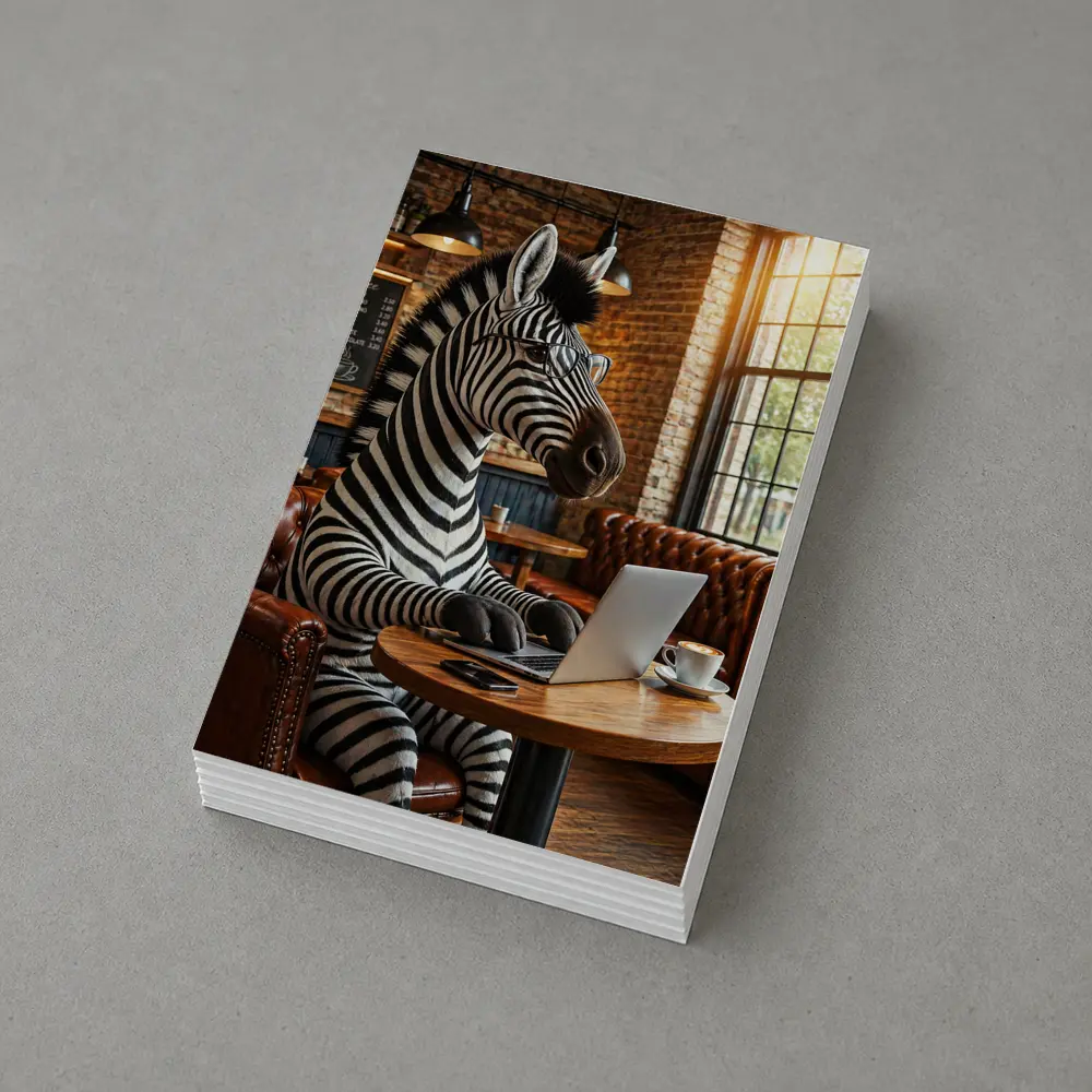 Zebra Working On Laptop In Coffee Shop – Postcards