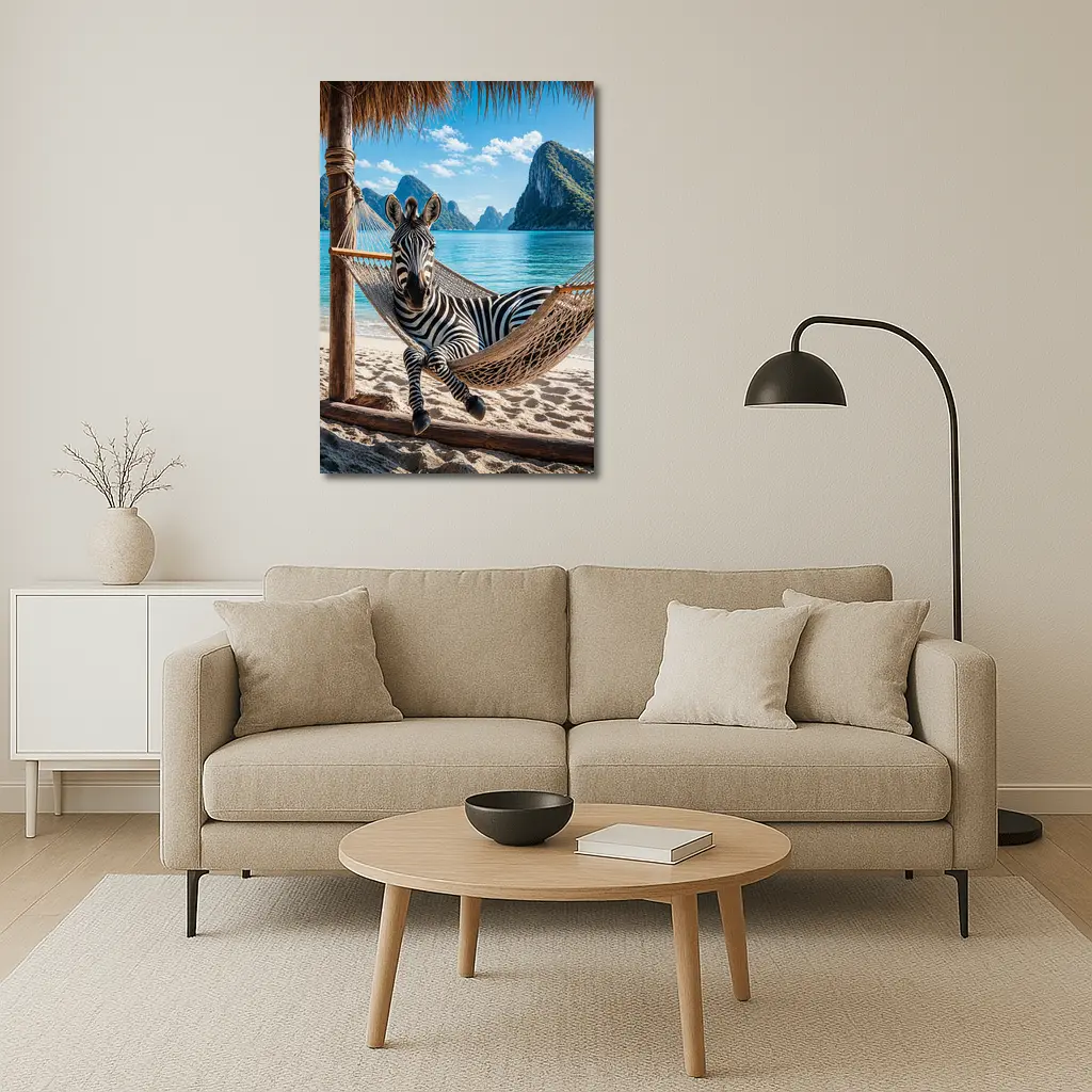 Zebra Relaxing in Hammock Beach Scene – Wall Art