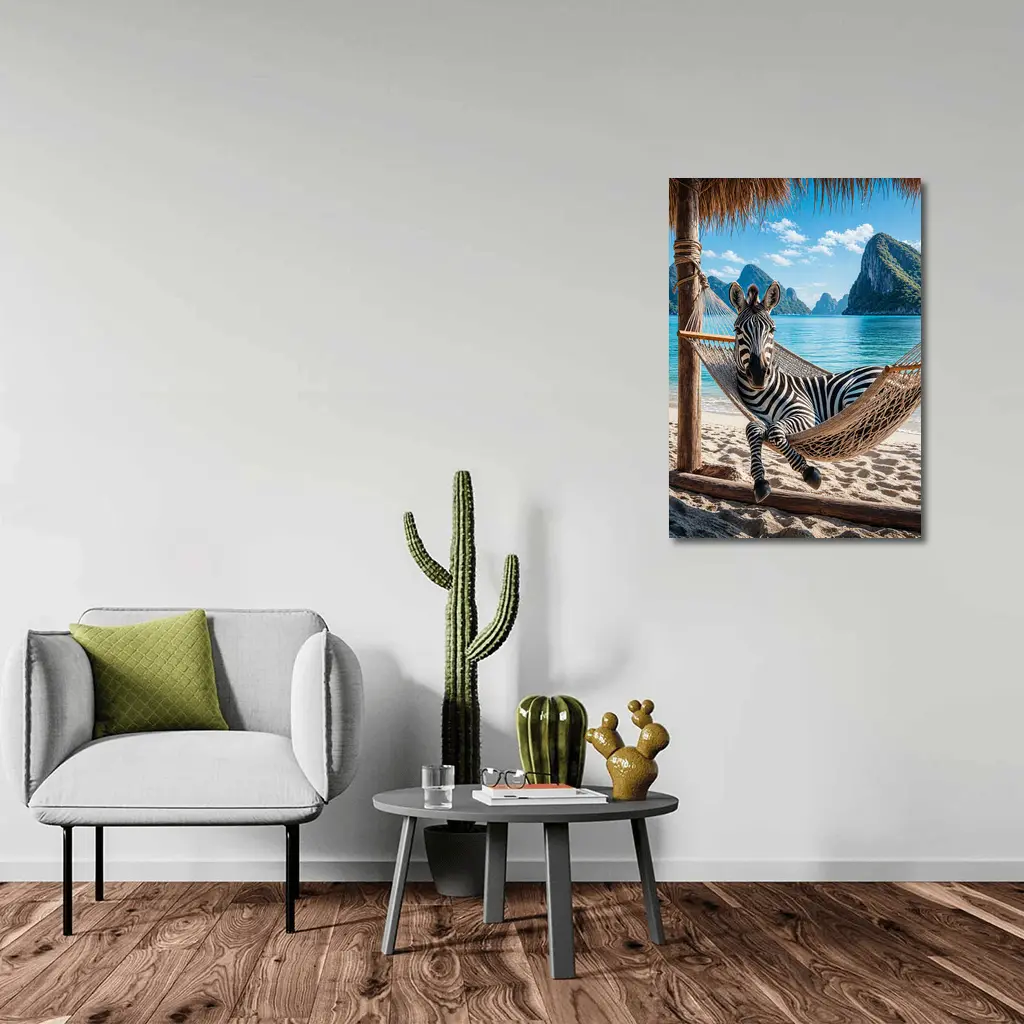 Zebra Relaxing in Hammock Beach Scene – Wall Art