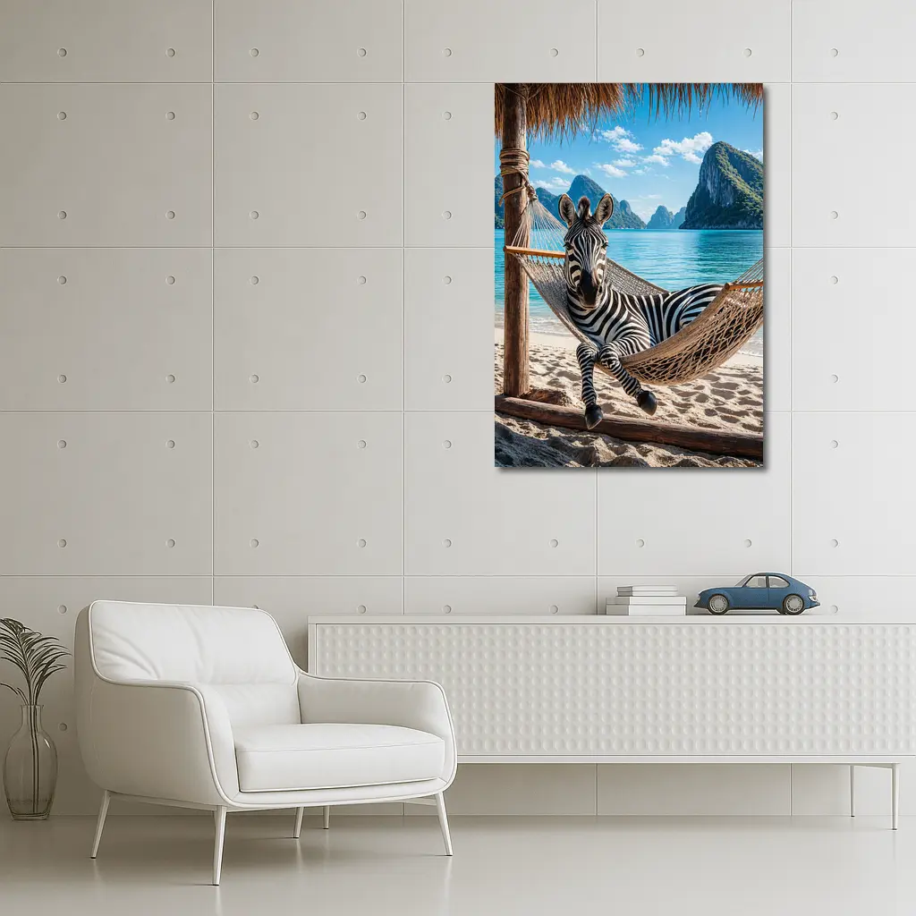 Zebra Relaxing in Hammock Beach Scene – Wall Art