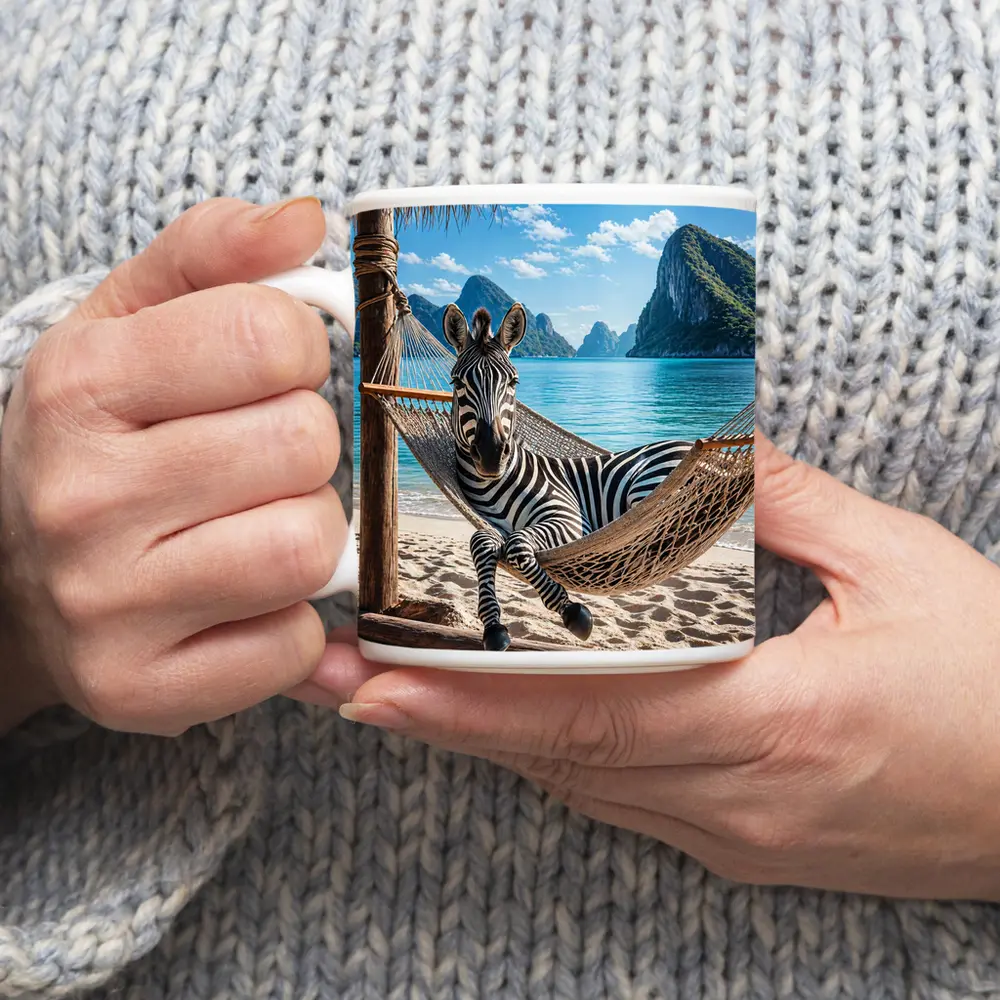 Zebra Relaxing in Hammock Beach Scene – Mugs