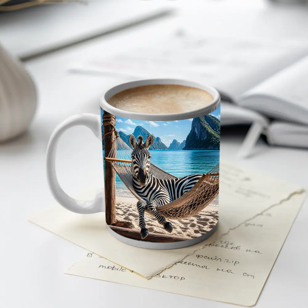 Zebra Relaxing in Hammock Beach Scene – Mugs