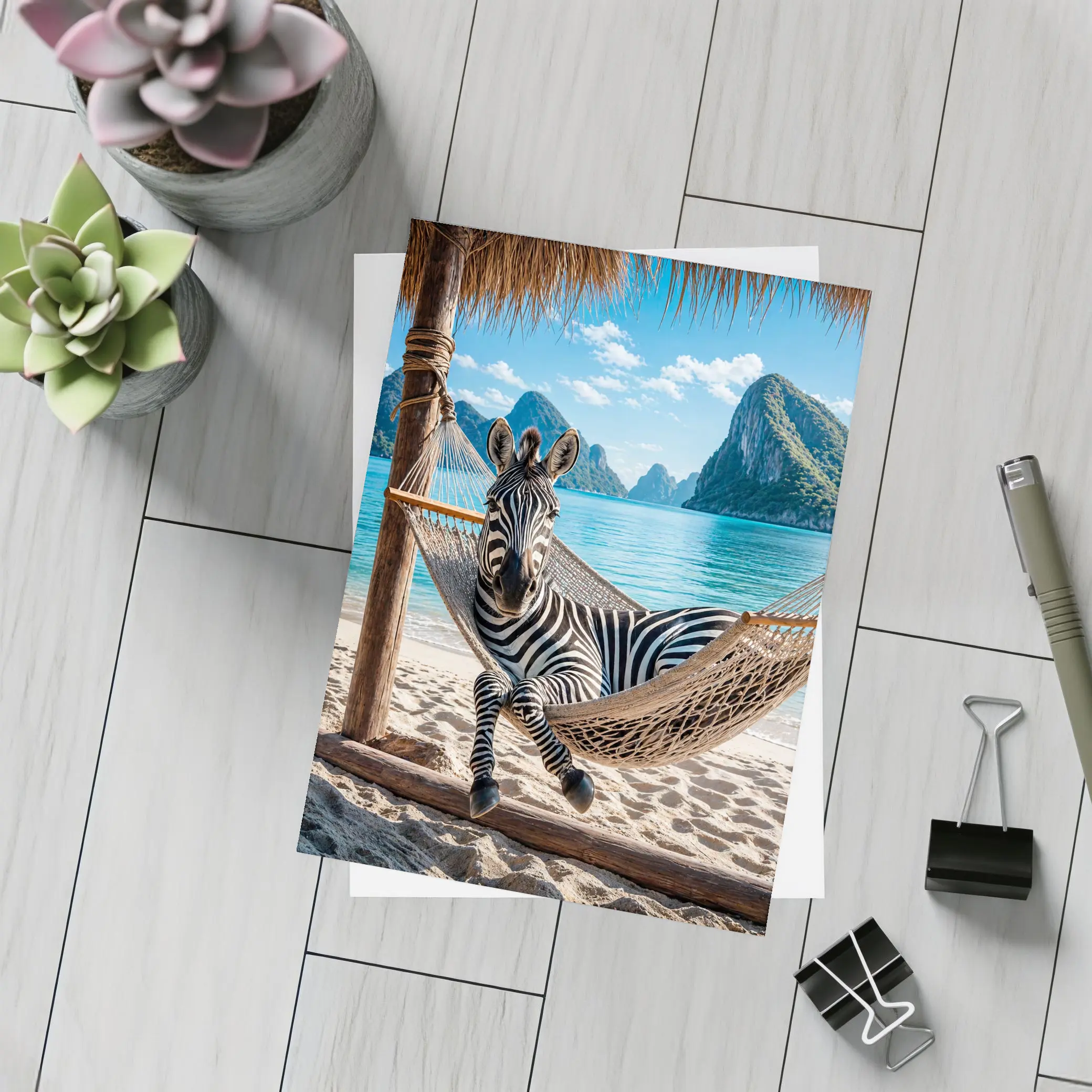 Zebra Relaxing in Hammock Beach Scene – Postcards