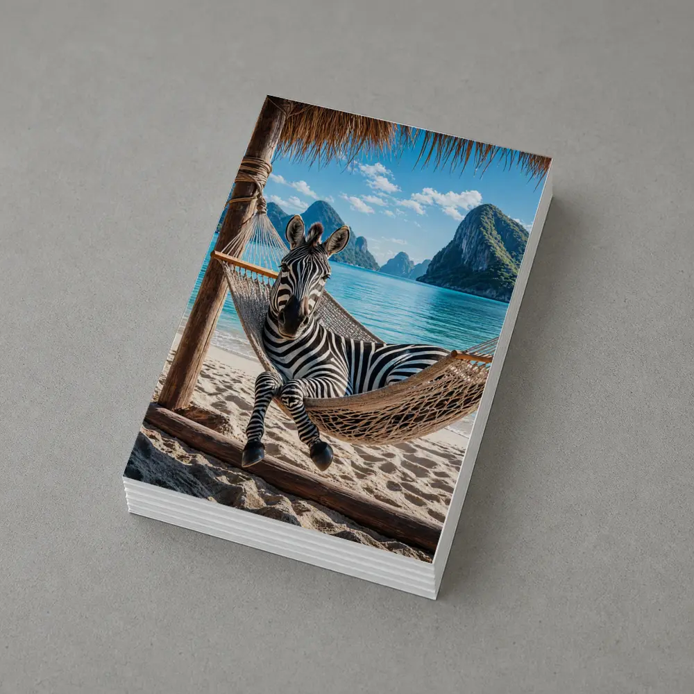 Zebra Relaxing in Hammock Beach Scene – Postcards