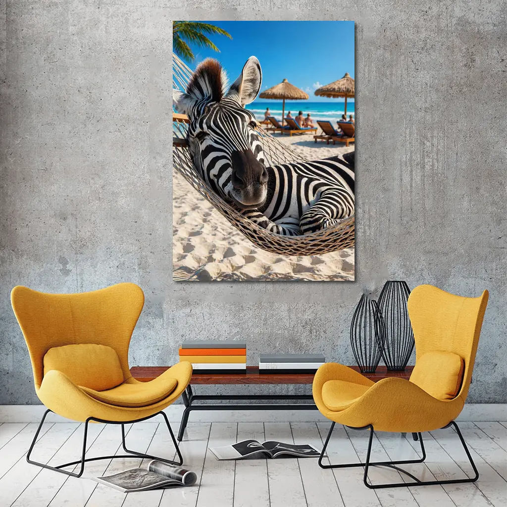 Zebra Relaxing in Hammock Tropical Beach – Wall Art