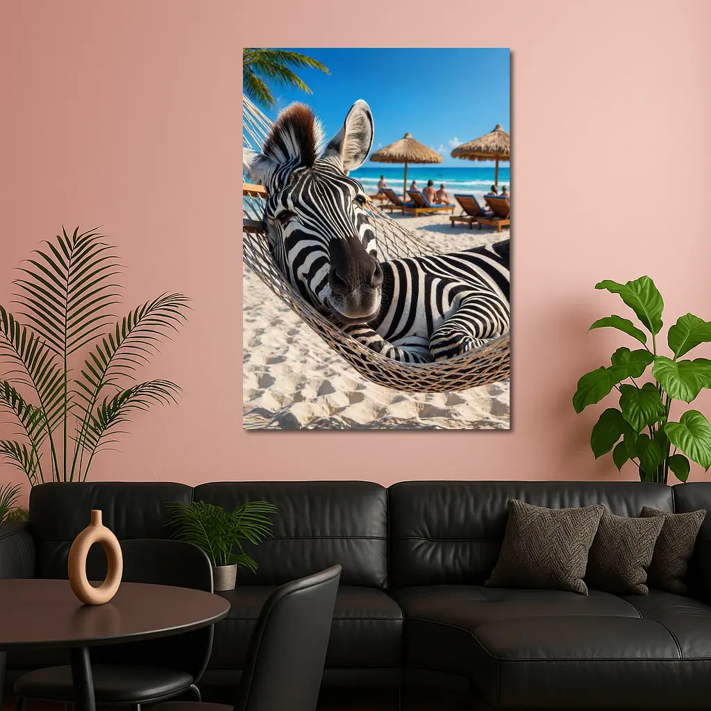 Zebra Relaxing in Hammock Tropical Beach – Wall Art