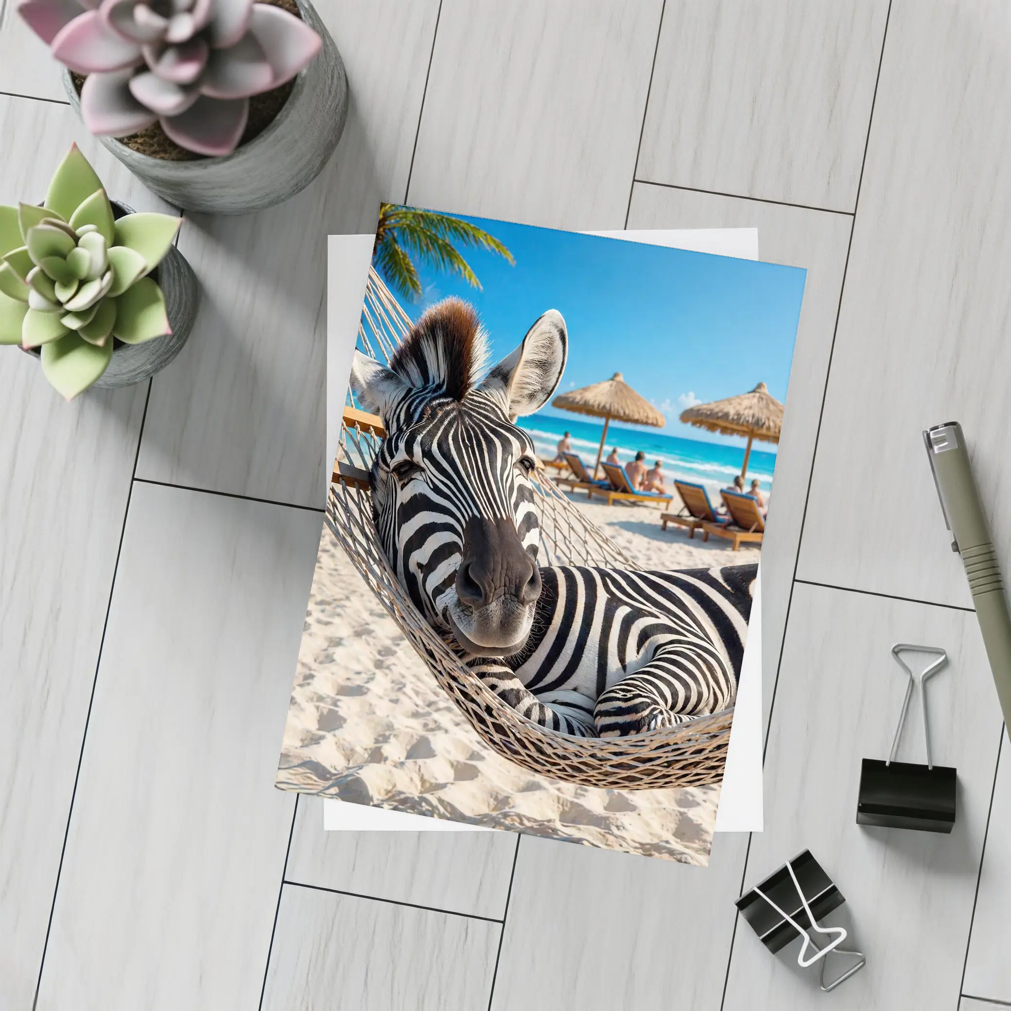 Zebra Relaxing in Hammock Tropical Beach – Postcards