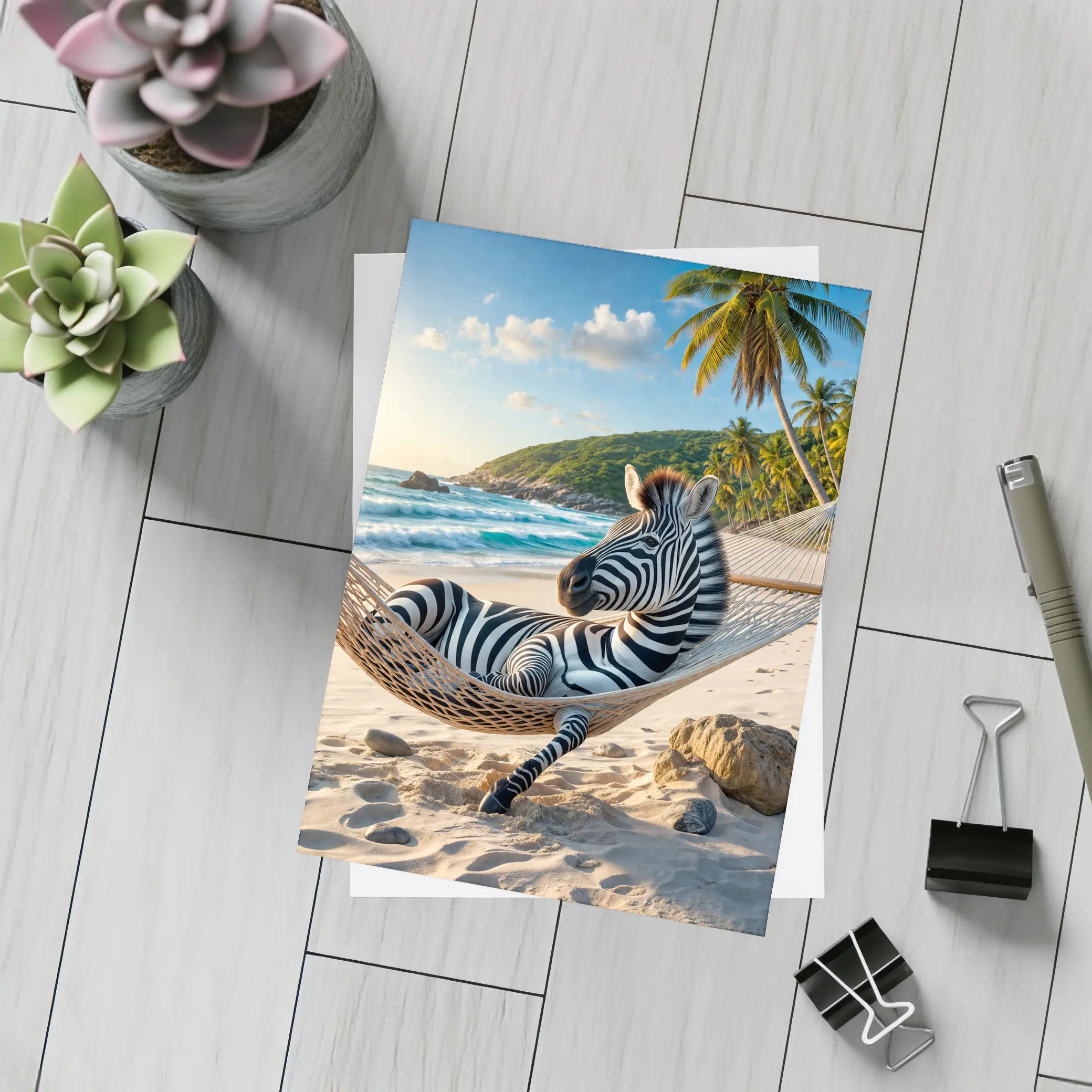 Zebra Relaxing in Hammock Tropical Beach – Postcards