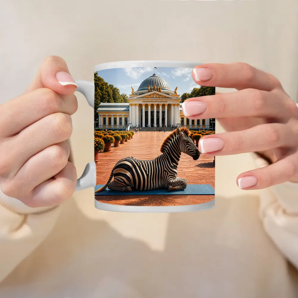 Zebra Doing Yoga Pose Neoclassical Building – Mugs