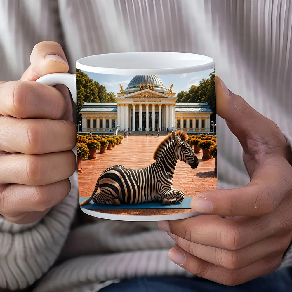Zebra Doing Yoga Pose Neoclassical Building – Mugs