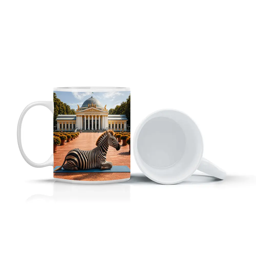 Zebra Doing Yoga Pose Neoclassical Building – Mugs