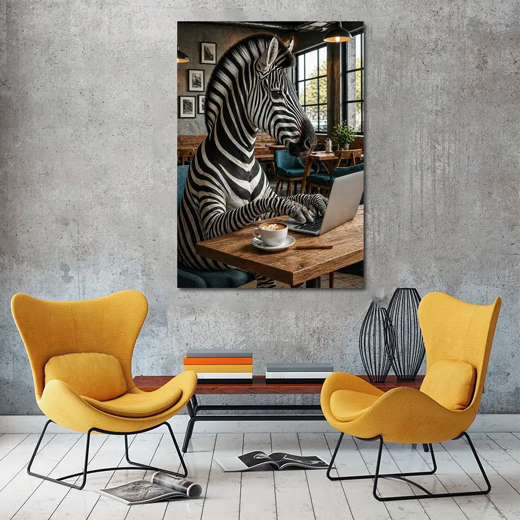 Zebra Working on Laptop in Cafe – Wall Art