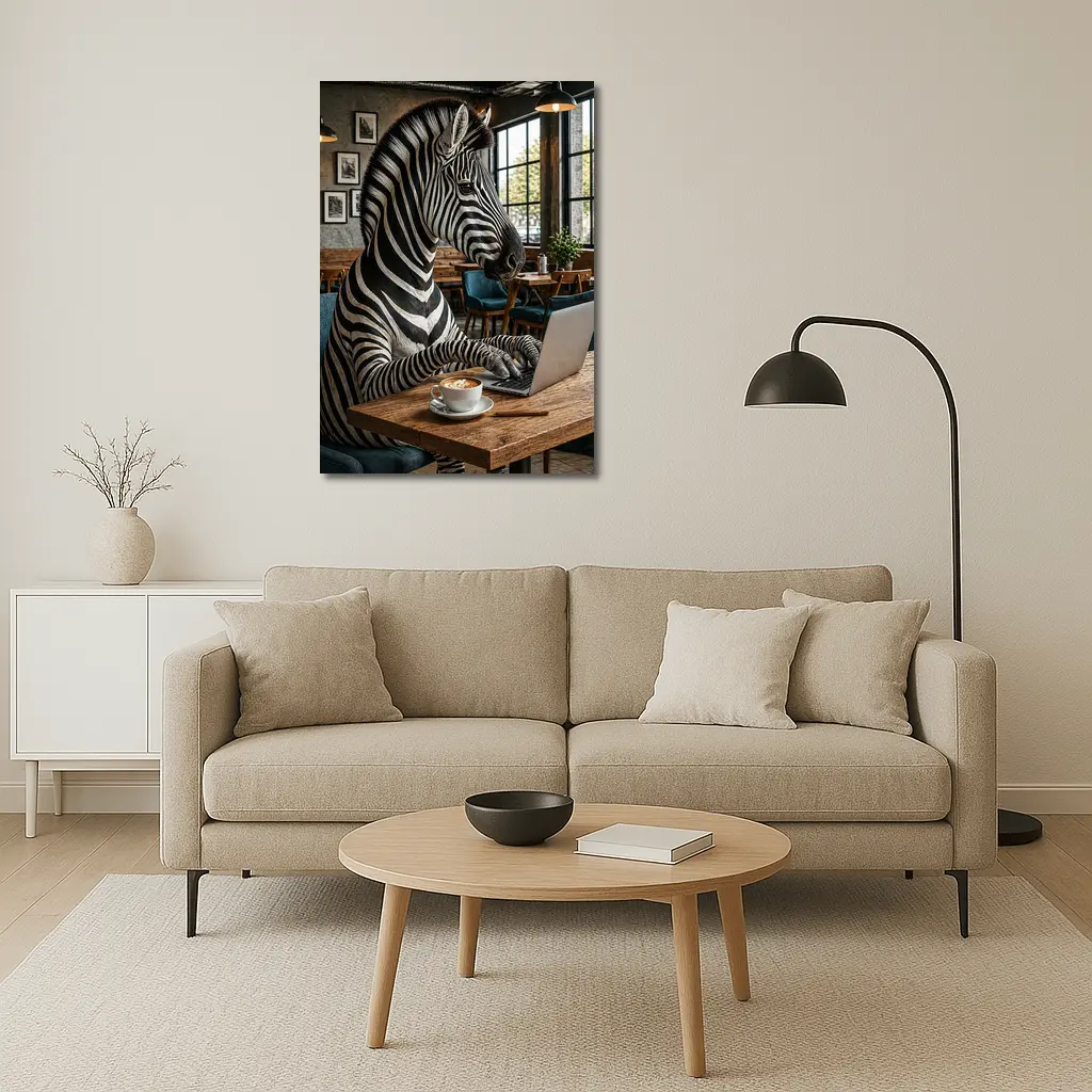 Zebra Working on Laptop in Cafe – Wall Art