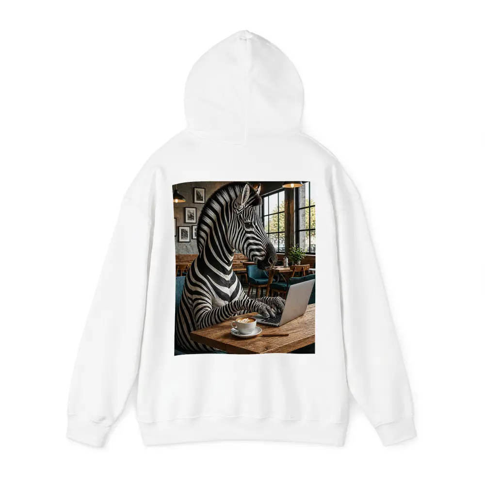 Zebra Working on Laptop in Cafe – Hoodies